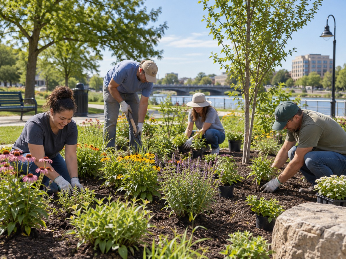 Volunteers planting flowers during a neighborhood beautification project.