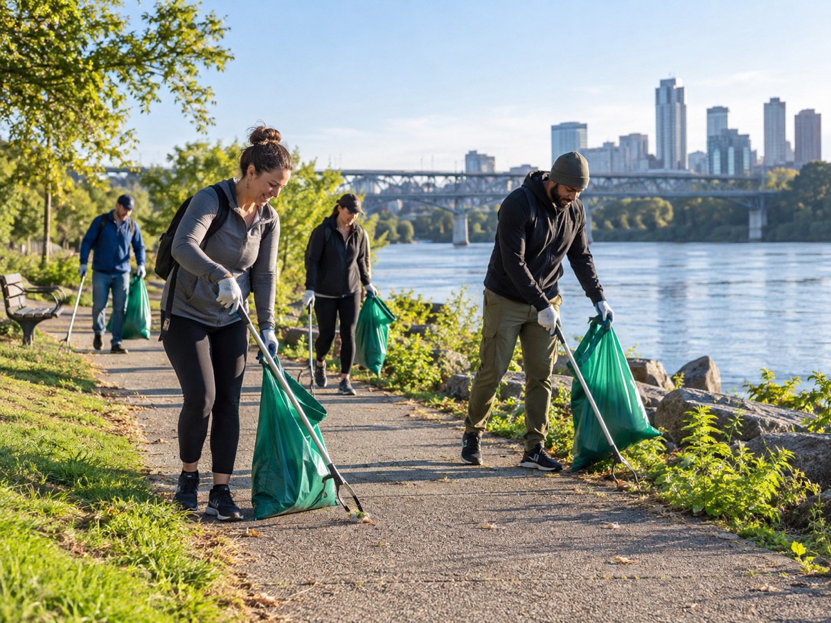 Volunteers cleaning a riverside walking path.