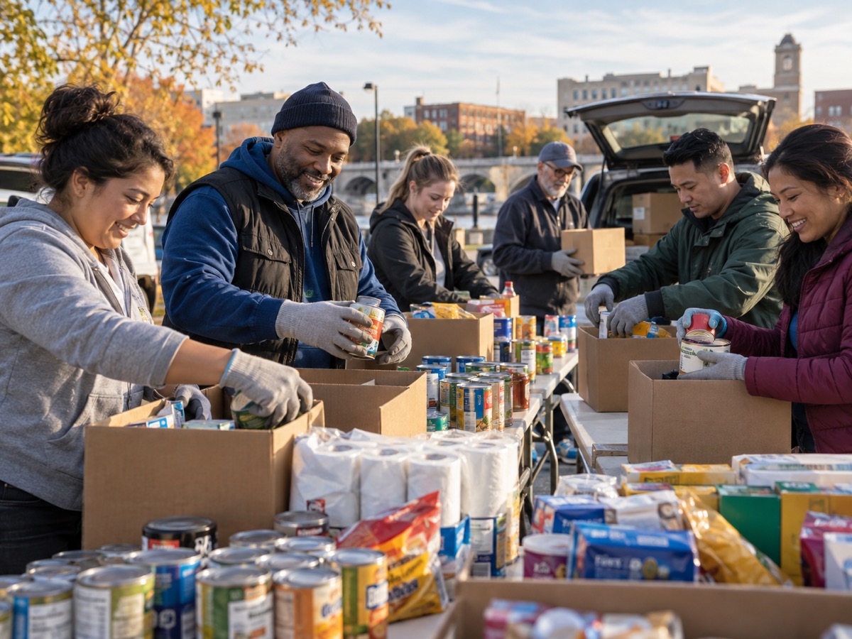 Volunteers sorting donated food and household essentials.