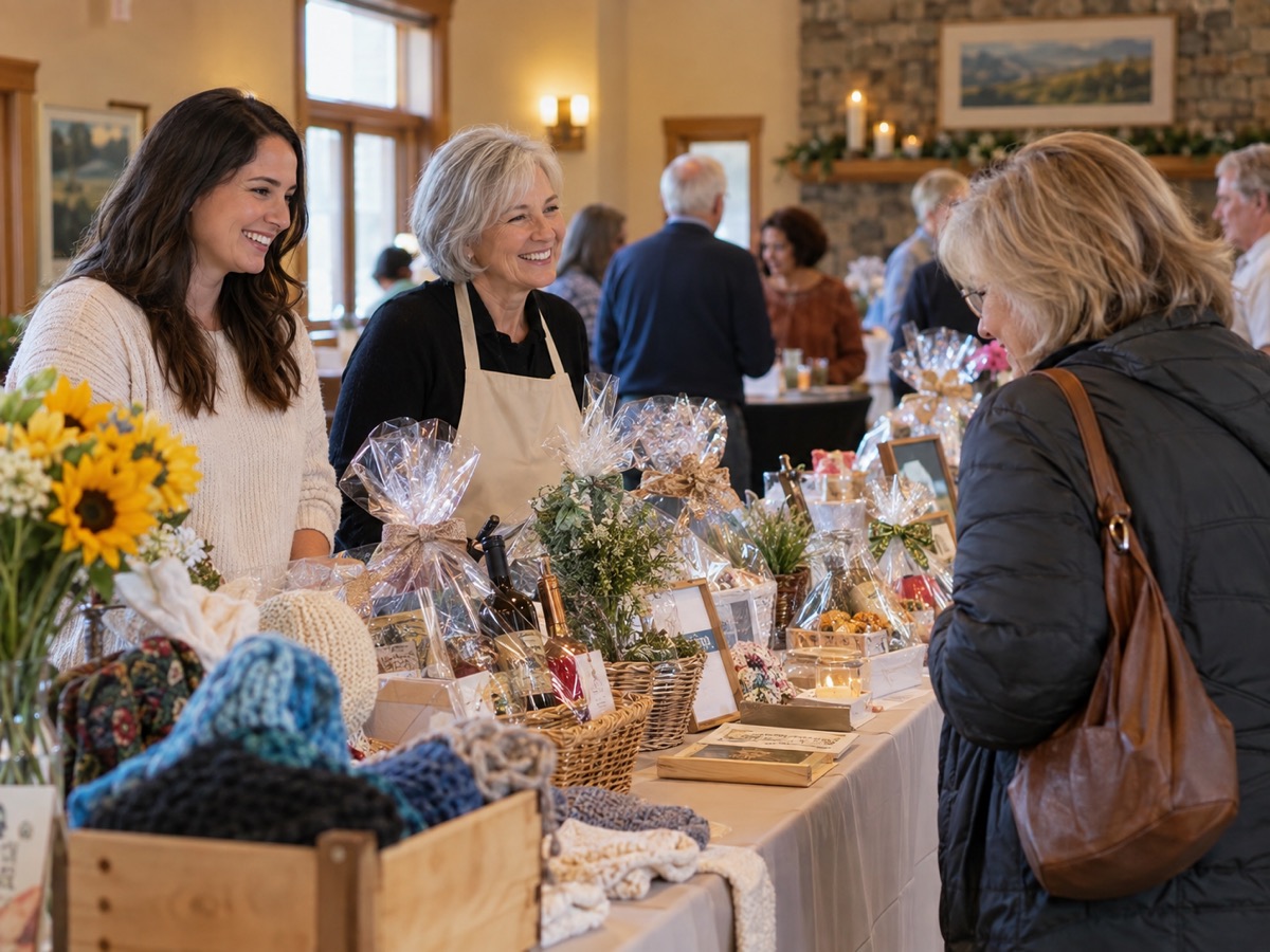 Volunteers welcoming a visitor to a community fundraising table.
