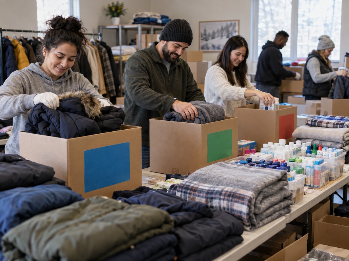Volunteers packing coats, blankets, and hygiene supplies.