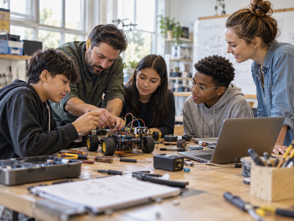 Adult mentors helping students with a robotics project.