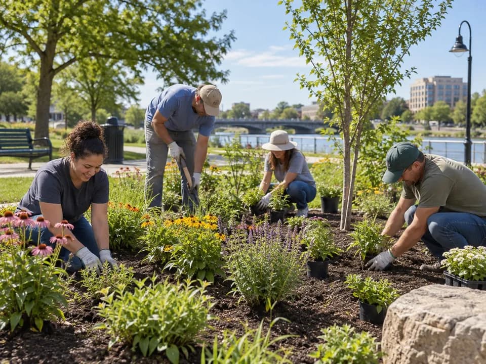 Volunteers planting flowers during a neighborhood beautification project.